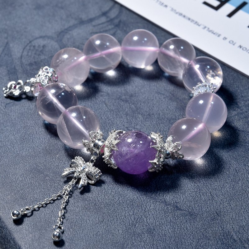 Natural Rose Quartz Bracelet with Bow Accents