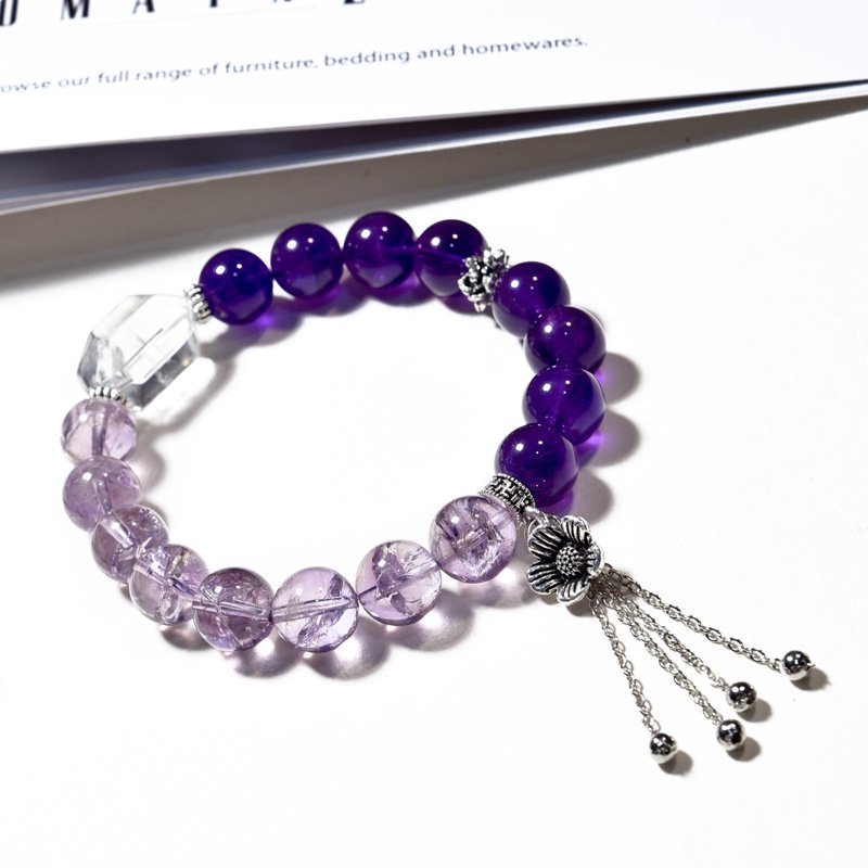 Natural Purple Amethyst Bracelet with White Crystal and Purple Assay