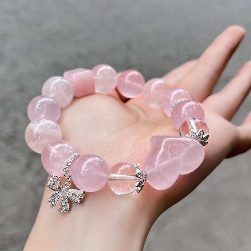 Natural Pink Quartz Heart Butterfly Bracelet with Love