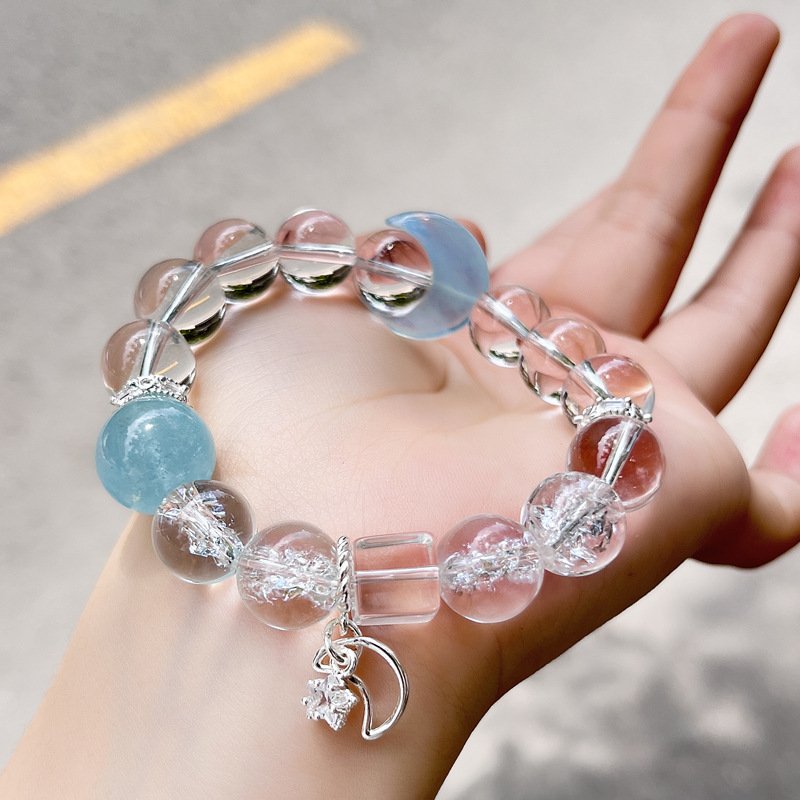 Natural White Aasai Crystal Bracelet with Aquamarine Stars and Moon