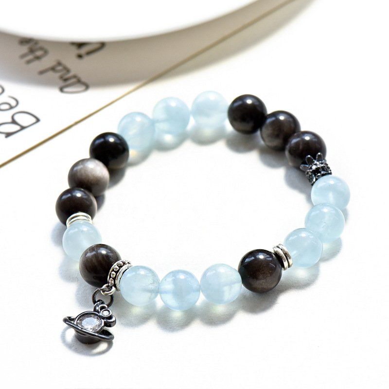 Aquamarine and Silver Obsidian Bracelet