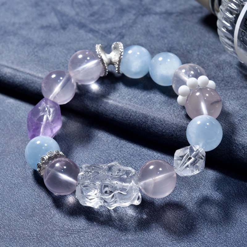 Natural White Crystal Fox Fairy Bracelet with Aquamarine and Rose Quartz – Cartoon Style