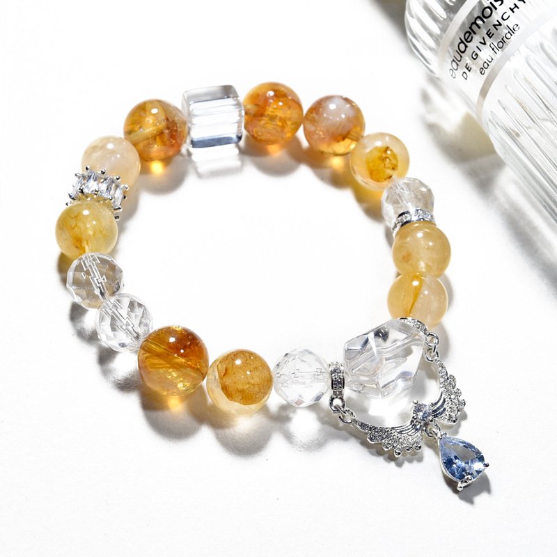 Natural Yellow Asai Bracelet: Angel Wings & Yellow Resin Flower with White Crystal