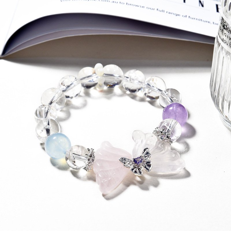 Natural White Ace Quartz and Rose Quartz Butterfly Wing Bracelet