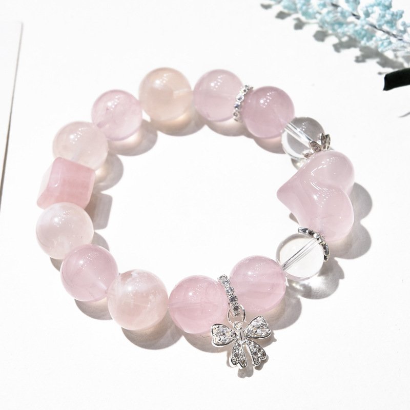 Natural Pink Quartz Heart Butterfly Bracelet with Love