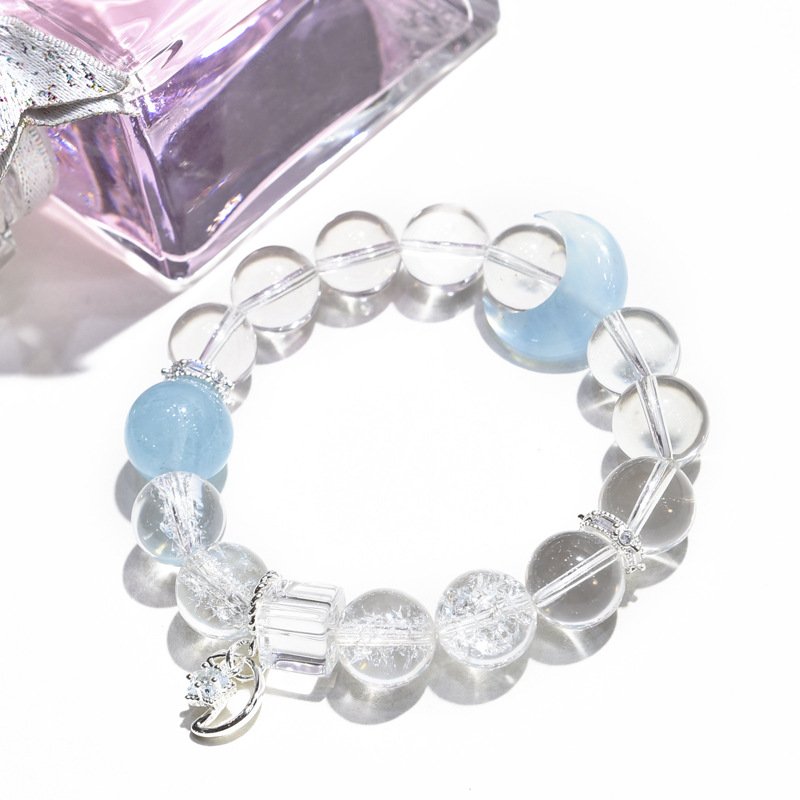 Natural White Aasai Crystal Bracelet with Aquamarine Stars and Moon