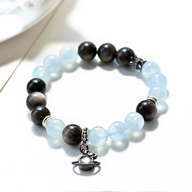 Aquamarine and Silver Obsidian Bracelet