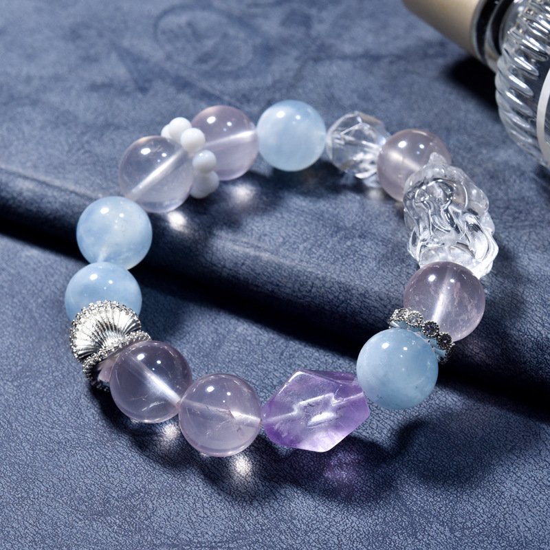 Natural White Crystal Fox Fairy Bracelet with Aquamarine and Rose Quartz – Cartoon Style