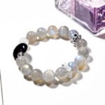 Gray Moonstone Bracelet with Silver Obsidian Crescent Design