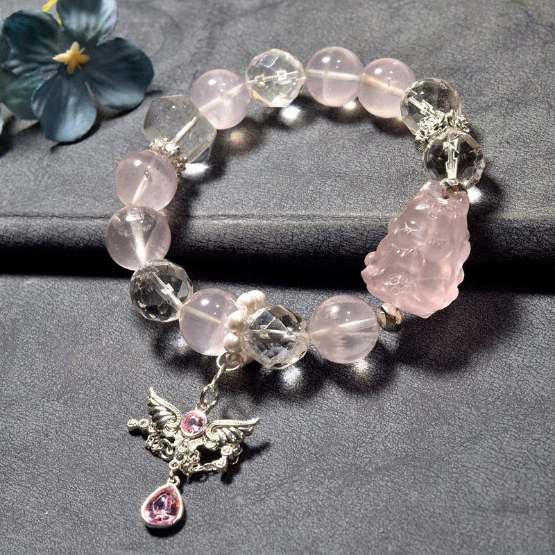 “Natural Starlight Rose Quartz Bracelet with Nine-Tailed Fox Pendant, Micro-paved Angel Wings Charm, and Faceted White Quartz for Attracting Love”