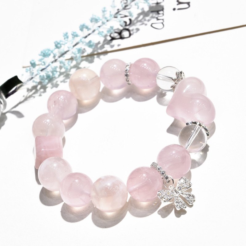 Natural Pink Quartz Heart Butterfly Bracelet with Love