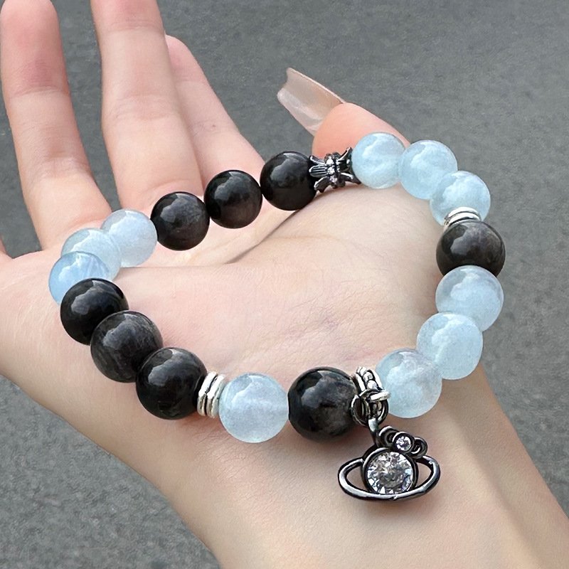 Aquamarine and Silver Obsidian Bracelet