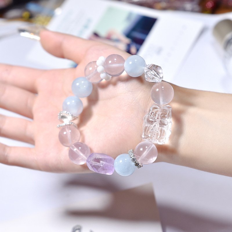 Natural White Crystal Fox Fairy Bracelet with Aquamarine and Rose Quartz – Cartoon Style