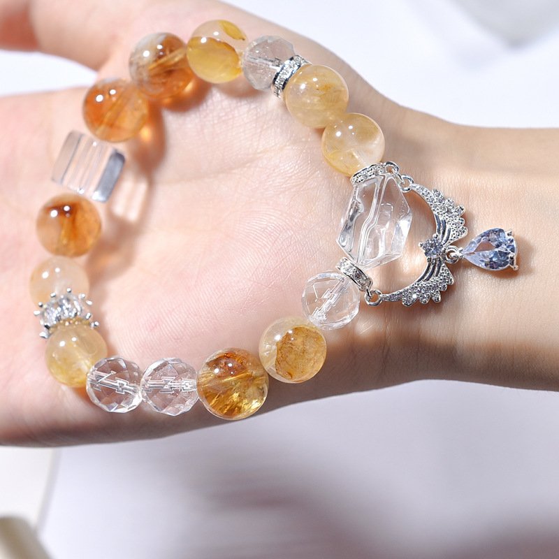 Natural Yellow Asai Bracelet: Angel Wings & Yellow Resin Flower with White Crystal