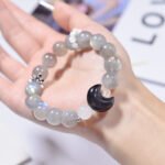 Gray Moonstone Bracelet with Silver Obsidian Crescent Design