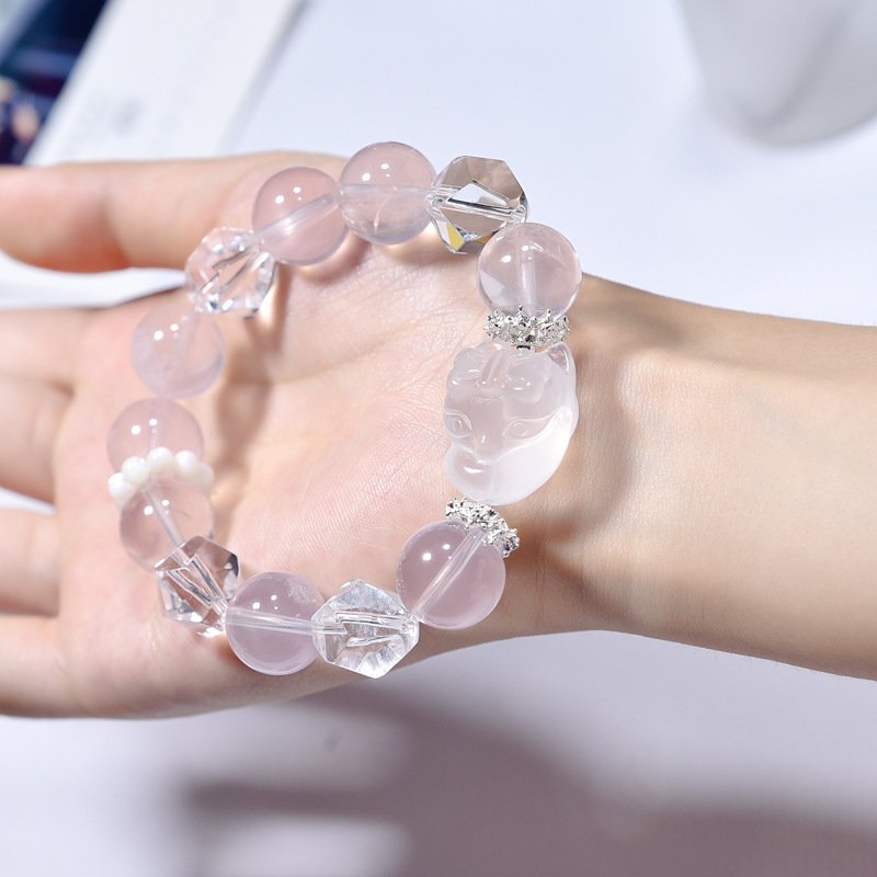 Natural Pink Quartz Fox Beaded Bracelet