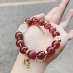 Natural Strawberry Quartz Bracelet with Star and Moon Accents