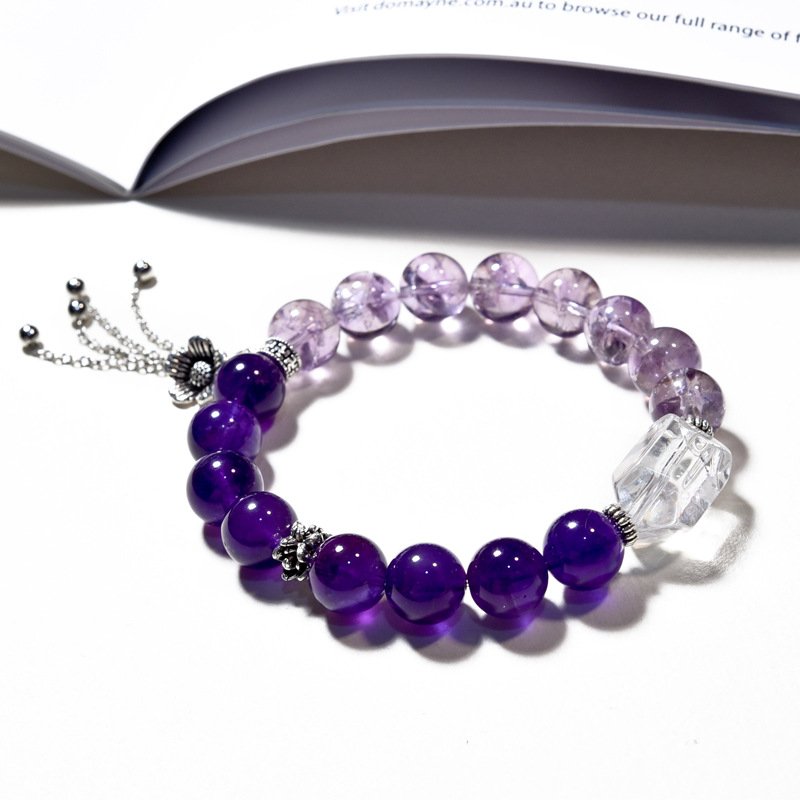 Natural Purple Amethyst Bracelet with White Crystal and Purple Assay