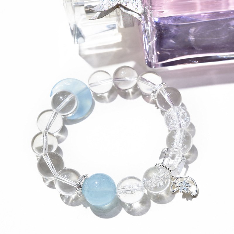 Natural White Aasai Crystal Bracelet with Aquamarine Stars and Moon