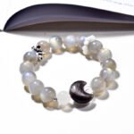 Gray Moonstone Bracelet with Silver Obsidian Crescent Design