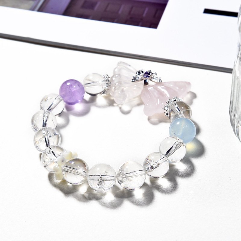 Natural White Ace Quartz and Rose Quartz Butterfly Wing Bracelet