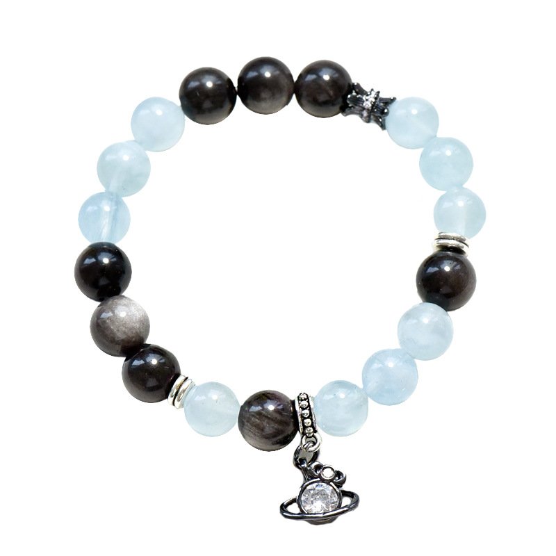 Aquamarine and Silver Obsidian Bracelet