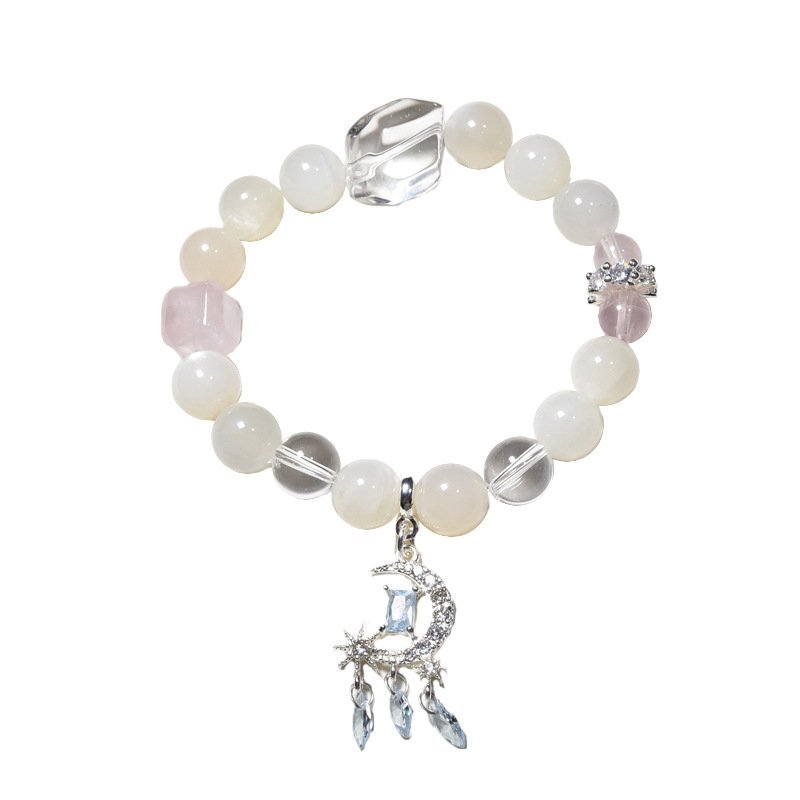 Natural White Moonstone Bracelet with White Quartz and Micro-Paved Moon Pendant