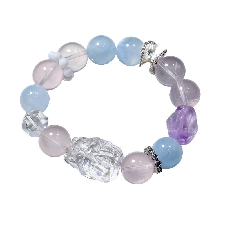 Natural White Crystal Fox Fairy Bracelet with Aquamarine and Rose Quartz – Cartoon Style