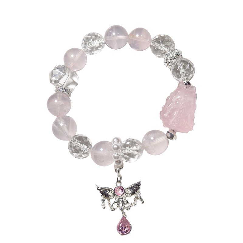 “Natural Starlight Rose Quartz Bracelet with Nine-Tailed Fox Pendant, Micro-paved Angel Wings Charm, and Faceted White Quartz for Attracting Love”