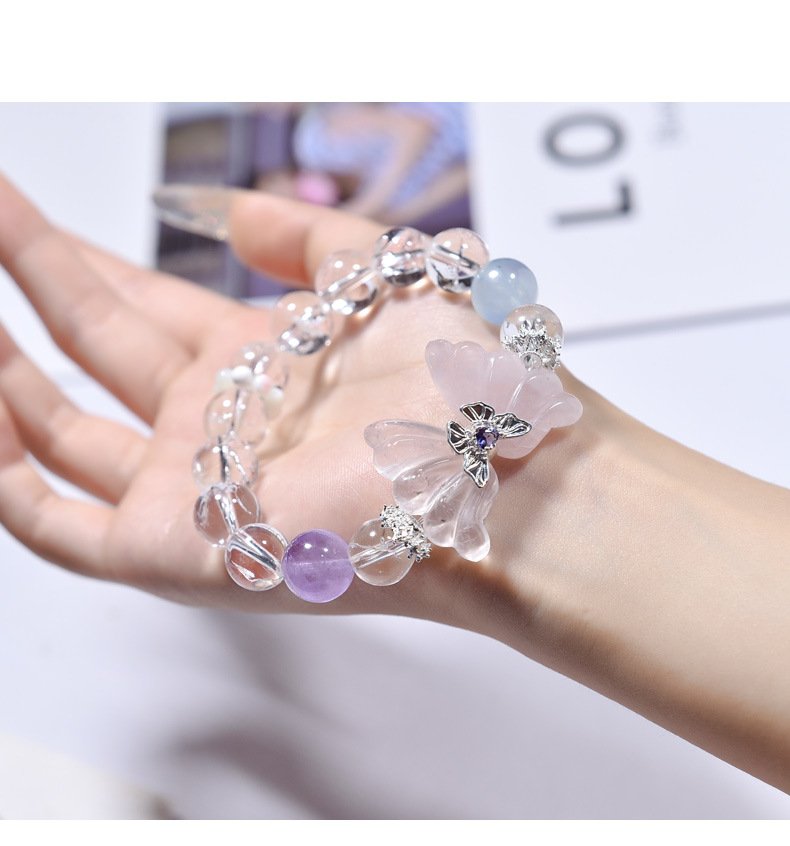 Natural White Ace Quartz and Rose Quartz Butterfly Wing Bracelet