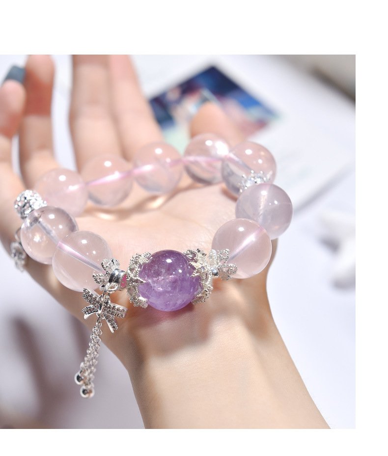 Natural Rose Quartz Bracelet with Bow Accents