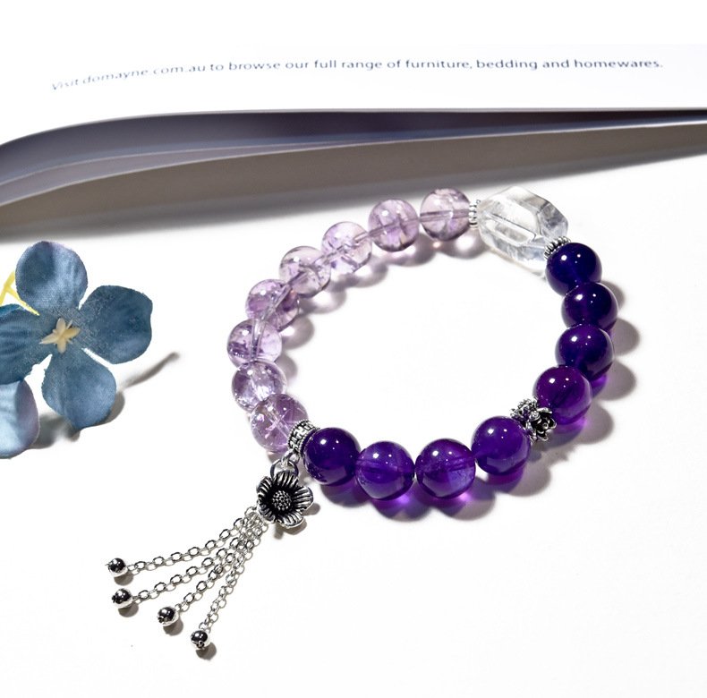 Natural Purple Amethyst Bracelet with White Crystal and Purple Assay